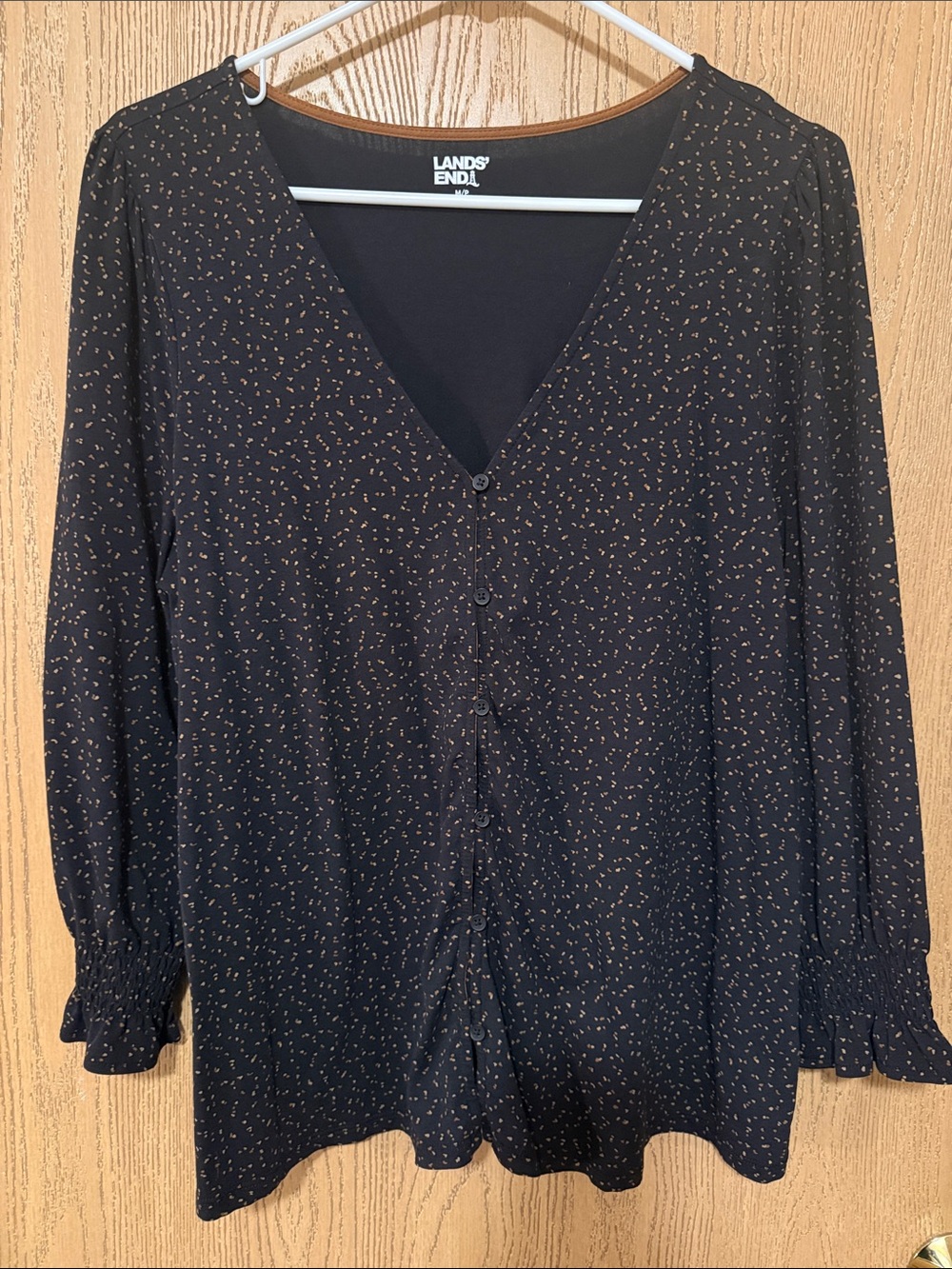 Lands' End Black Button-Front V-Neck Top with Tan/Mauve Flecks